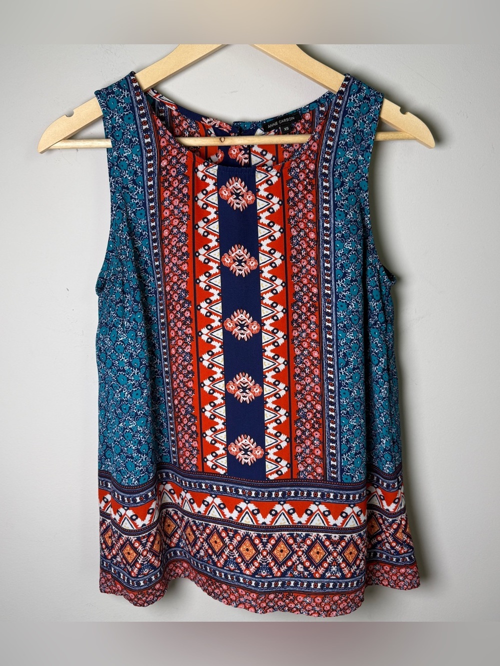 Anne Carson Sleeveless Top XS Navy Rust Teal Boho Medallion Print Cottagecore